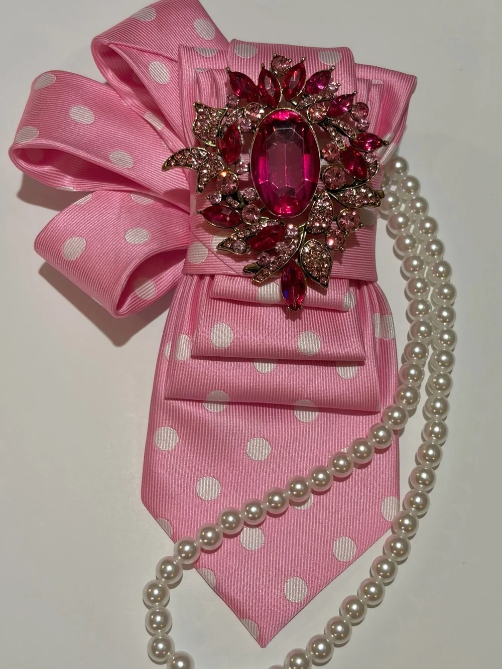 Pink Polka Dot Bow Brooch with Gem Accents and Pearl Strand